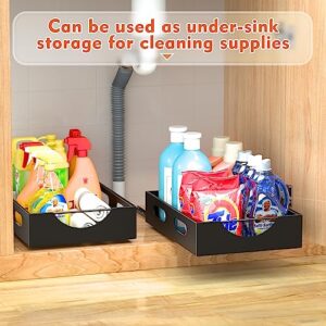 caktraie Pull Out Cabinet Organizer Fixed with Adhesive, Slide Out Drawer Storage Shelves - 10.8" W x 15.15" D Heavy Duty Pull Out Drawers for Kitchen Cabinets, Living Room, Home - Black