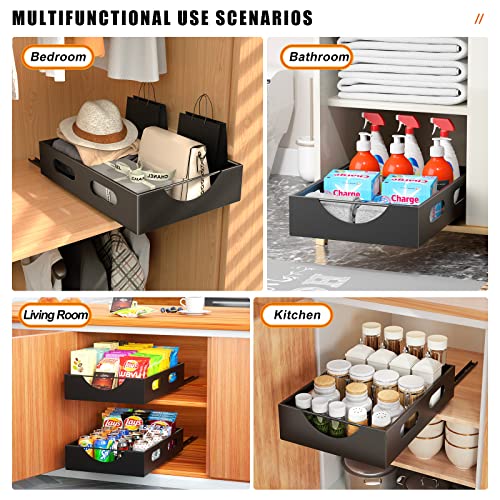 caktraie Pull Out Cabinet Organizer Fixed with Adhesive, Slide Out Drawer Storage Shelves - 10.8" W x 15.15" D Heavy Duty Pull Out Drawers for Kitchen Cabinets, Living Room, Home - Black