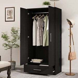aiegle 2 doors wardrobe armoire with drawer, freestanding armoire wardrobe closet with hanging rod, bedroom wood clothes storage cabinet organizer in black(31.5" w x 18.9" d x 66.9" h)