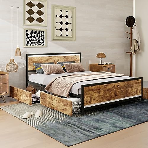 Ailisite Queen Size Bed Frame with Storage Drawers and 2 USB Ports, LED Queen Bed Frame with Headboard, Metal Platform Bed No Noise, Mattress Foundation Strong Metal Slats Support No Box Spring Needed