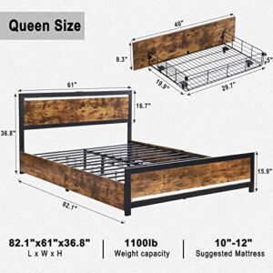 Ailisite Queen Size Bed Frame with Storage Drawers and 2 USB Ports, LED Queen Bed Frame with Headboard, Metal Platform Bed No Noise, Mattress Foundation Strong Metal Slats Support No Box Spring Needed