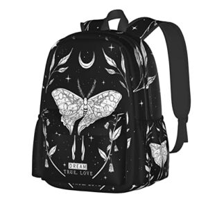 supluchom school backpack black white butterfly moon tarot casual daypack men women polyester laptop bag with side pockets bookbag for travel hiking work student over 3 years old kids