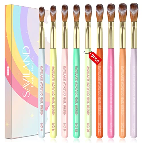 Saviland 9PCS Acrylic Nail Brush Set - Kolinsky Acrylic Nail Brushes for Acrylic Application, Size 4/6/8/10/12/14/16/18/20 Acrylic Powder Brushes for Acrylic Nails Extension & 3D Nail Carving