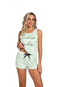 summer pajama set for women - green cartoon print sleepwear sleevless shirt with short large designed specifically for women to wear during warmer months.