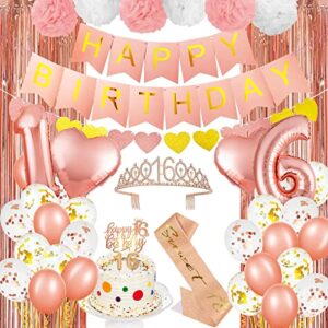 sweet 16th birthday decorations, happy birthday banner with princess crown, sash candles, heart foil confetti balloons, tissue paper pom, rose gold fringe streamers princess party decorations for girls