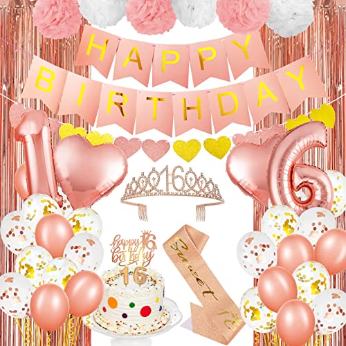 Sweet 16th Birthday Decorations, Happy Birthday Banner with Princess Crown, Sash Candles, Heart Foil Confetti Balloons, Tissue Paper Pom, Rose Gold Fringe Streamers Princess Party Decorations for Girls