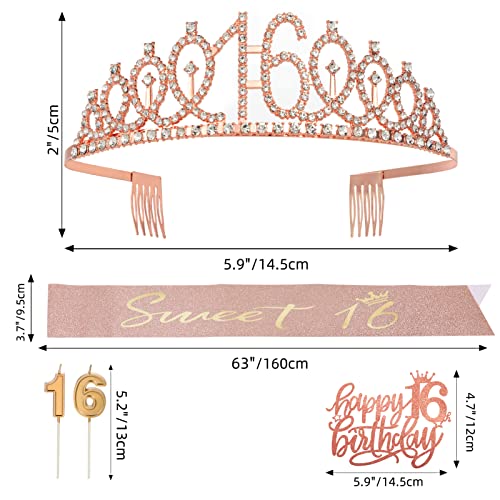 Sweet 16th Birthday Decorations, Happy Birthday Banner with Princess Crown, Sash Candles, Heart Foil Confetti Balloons, Tissue Paper Pom, Rose Gold Fringe Streamers Princess Party Decorations for Girls