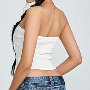 Women Lace Trim Strapless Tube Top Y2k Off Shoulder Backless Bandeau Top Knitted Aesthetic Crop Tank Top (B White,Small)