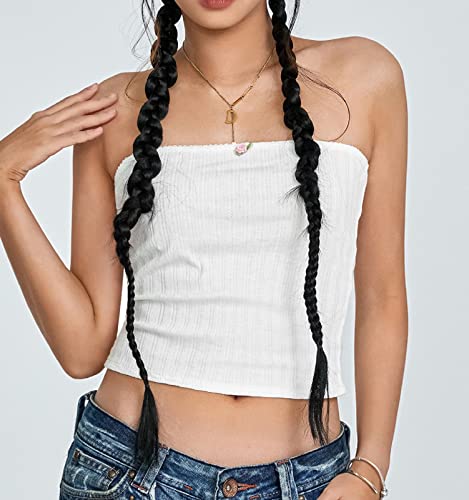 Women Lace Trim Strapless Tube Top Y2k Off Shoulder Backless Bandeau Top Knitted Aesthetic Crop Tank Top (B White,Small)