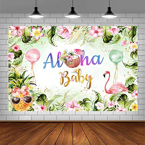 AIBIIN 7x5ft Aloha Baby Shower Backdrop Summer Hawaiian Oh Baby Party Decorations Tropical Floral Flamingo Pineapple Tiki Themed Photography Background Banner Photoshoot Props