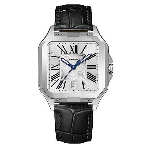 PINDU Automatic Watches for Men, Tank Business Dress Watch Square Mechanical Watch Mens Watches Simple and Easy to Read (Silver Case White Dial)