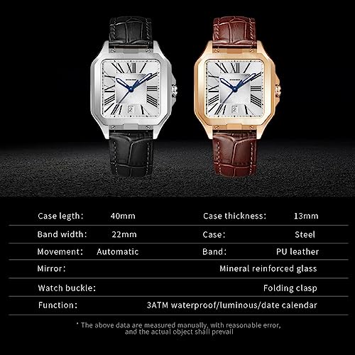 PINDU Automatic Watches for Men, Tank Business Dress Watch Square Mechanical Watch Mens Watches Simple and Easy to Read (Silver Case White Dial)