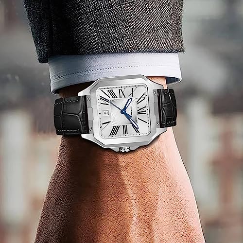 PINDU Automatic Watches for Men, Tank Business Dress Watch Square Mechanical Watch Mens Watches Simple and Easy to Read (Silver Case White Dial)