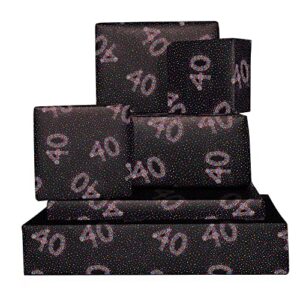 central 23 black wrapping paper for women men - 40th birthday wrapping paper - 6 sheets of eco gift wrap and tags - sprinkles - age 40 forty - husband wife birthday gifts