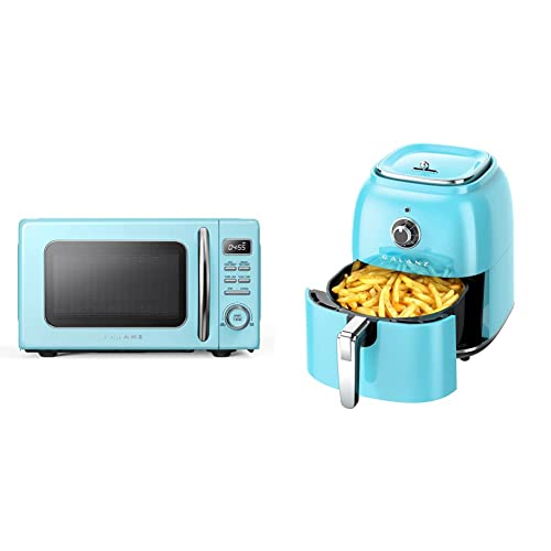 Galanz GLCMKZ09BER09 Retro Countertop Microwave Oven with Auto Cook & Reheat, 0.9 cu ft, Blue & Retro Electric Air Fryer with Non-Stick Basket, Temperature and Time Control, 4.8Qt, 1500W, Retro Blue