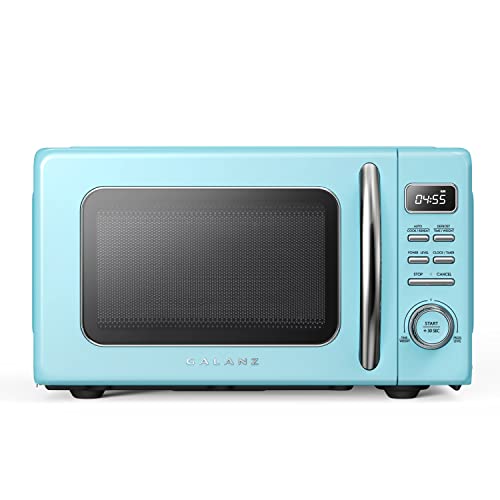 Galanz GLCMKZ09BER09 Retro Countertop Microwave Oven with Auto Cook & Reheat, 0.9 cu ft, Blue & Retro Electric Air Fryer with Non-Stick Basket, Temperature and Time Control, 4.8Qt, 1500W, Retro Blue