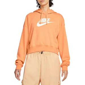 nike sportswear club fleece women's oversized crop graphic hoodie size - small, orange trance/heather-white
