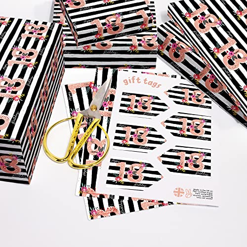 CENTRAL 23 Black and White Wrapping Paper - 6 Sheets of Floral Gift Wrap and Tags - Stripes - 18th Birthday Wrapping Paper for Women Girls Her - Age 18 - Pink - Comes with Fun Stickers