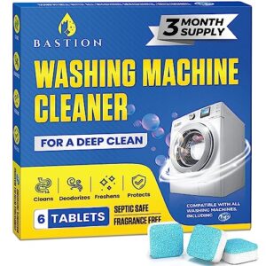 bastion washing machine cleaner, deodorizer, & descaler 6-pack - active deep cleaning tablets for he front loader & top load washer, septic safe eco-friendly - 3 month supply