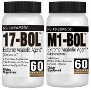 avry labs mass stack anabolic supplement bundle, m1-bol and 17-bol support hardening, cutting, vascularity, muscle growth, strength, and mass, 1 month supply