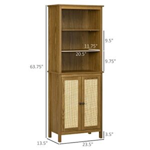 HOMCOM Rustic Bookshelf with Cabinet & Rattan, Tall Bookshelf Library, Wooden Bookcase with Doors and Shelves, Study Living Room Home Office, Walnut