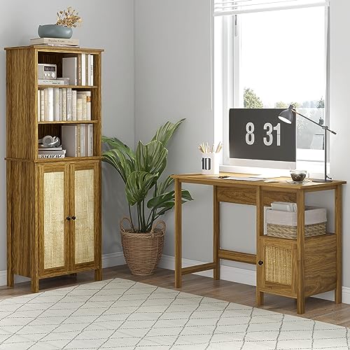 HOMCOM Rustic Bookshelf with Cabinet & Rattan, Tall Bookshelf Library, Wooden Bookcase with Doors and Shelves, Study Living Room Home Office, Walnut