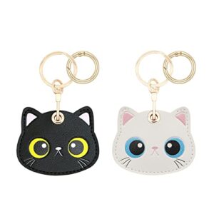 xeewen 2 pack cute cat airtag leather keychain holder, kawaii black white kitty key ring hidden case cover for apple airtag