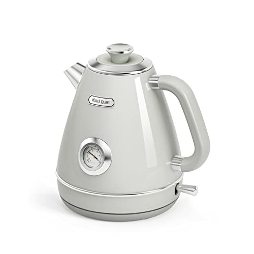 Hazel Quinn Retro Electric Kettle - 1.7 Liters / 57.5 Ounces Tea Kettle with Thermometer, All Stainless Steel, Fast Boiling 1200 W, BPA-free, Cordless, Rotational Base, Automatic Shut Off - Ice Gray