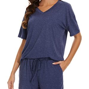 LOCUBE Women's Pajama Sets Soft Comfy Short Sleeve V-Neck Lounge Outfits Pj Set Shorts with Pockets (Navy, Large)