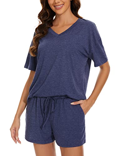 LOCUBE Women's Pajama Sets Soft Comfy Short Sleeve V-Neck Lounge Outfits Pj Set Shorts with Pockets (Navy, Large)