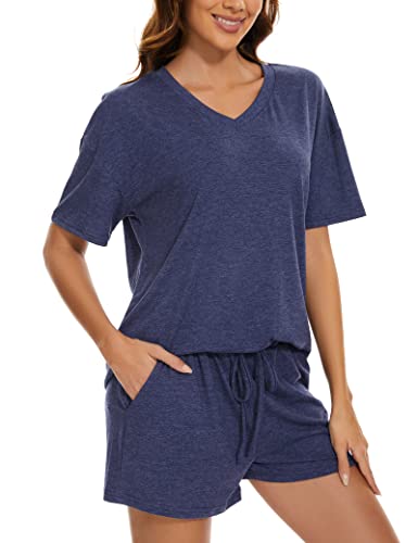 LOCUBE Women's Pajama Sets Soft Comfy Short Sleeve V-Neck Lounge Outfits Pj Set Shorts with Pockets (Navy, Large)