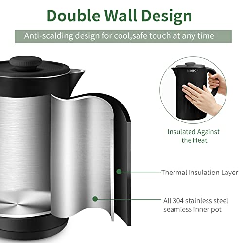 Electric Kettles Stainless Steel for Boiling Water, Double Wall Hot Water Boiler Heater, Cool Touch Electric Teapot, Auto Shut-Off & Boil-Dry Protection, 120V/1200W, 1.7 Liter, 2 Year Warranty (black)