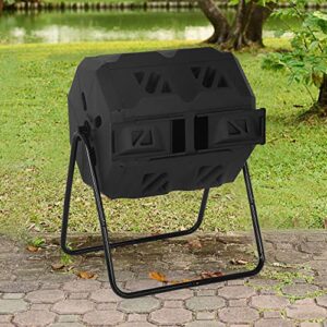 43 Gallon Compost Bin with Dual Chamber Sliding Doors, Outdoor 360° Tumbling Rotating Composting Bins Solid Steel Frame Gardening Compost Tumbler Bucket Trash Can for Patio Yard Waster, Black Door