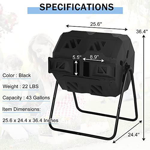 43 Gallon Compost Bin with Dual Chamber Sliding Doors, Outdoor 360° Tumbling Rotating Composting Bins Solid Steel Frame Gardening Compost Tumbler Bucket Trash Can for Patio Yard Waster, Black Door