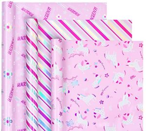 wrapaholic wrapping paper roll - mini roll - 3 rolls - 17 inch x 120 inch per roll - purple unicorn design with silver foil for birthday, holiday, baby shower