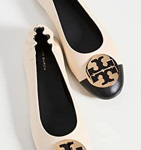 Tory Burch Women's Claire Cap Toe Ballet Flats, New Cream/Black/Gold, 11 Medium US