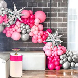 kozee hot pink silver balloon garland arch kit 160pcs pastel pink and silver starburst balloons for girl's 15/16/30th birthday princess party decorations