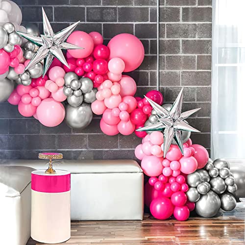 Kozee Hot Pink Silver Balloon garland arch kit 160PCS Pastel Pink and silver Starburst balloons for girl's 15/16/30th Birthday Princess Party Decorations