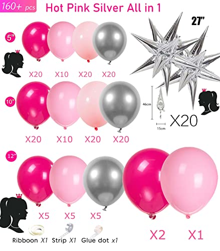 Kozee Hot Pink Silver Balloon garland arch kit 160PCS Pastel Pink and silver Starburst balloons for girl's 15/16/30th Birthday Princess Party Decorations