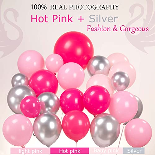 Kozee Hot Pink Silver Balloon garland arch kit 160PCS Pastel Pink and silver Starburst balloons for girl's 15/16/30th Birthday Princess Party Decorations