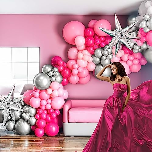 Kozee Hot Pink Silver Balloon garland arch kit 160PCS Pastel Pink and silver Starburst balloons for girl's 15/16/30th Birthday Princess Party Decorations