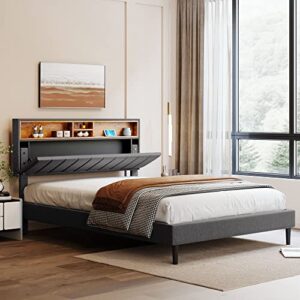 merax modern upholstered platform bed with storage headboard and usb port wood bed frame no box spring needed/easy assembly full, gray