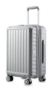 luggex pc carry on luggage 22x14x9 airline approved - expandable hardside luggage with spinner wheels - 4 metal corner hassle-free travel (silver suitcase)