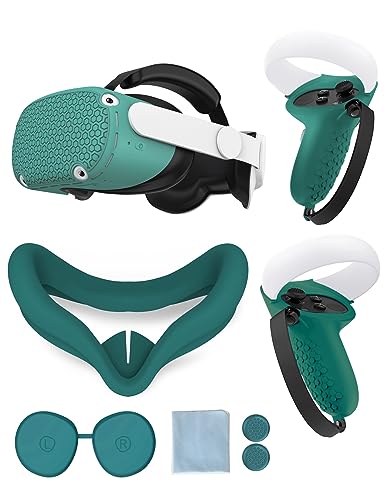 Protective Cover for Oculus/Meta Quest 2 Accessories, Silicone Controllers Grip Cover Protector, Soft Shell Skin with Face Cover and Lens Cover by Gwyoneaon (Green)