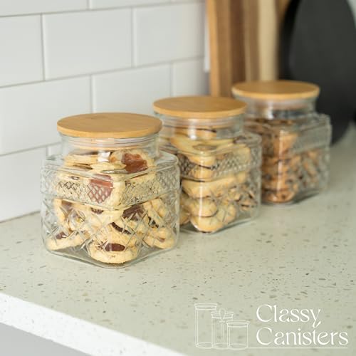 38 Ounce Square Glass Jar with Bamboo Lid - Kitchen Decorative Glass Jars with Vintage Diamond Pattern - Coffee Pasta Sugar Tea Snack Nuts Cookie Jar with Airtight Lids - Set of 3