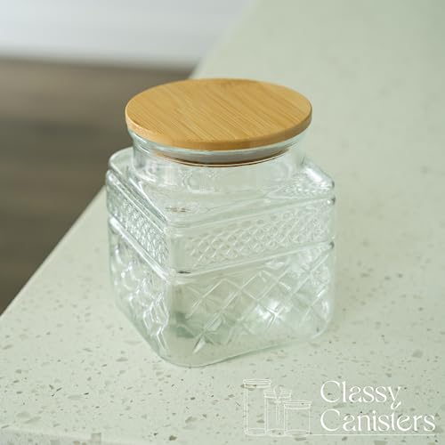 38 Ounce Square Glass Jar with Bamboo Lid - Kitchen Decorative Glass Jars with Vintage Diamond Pattern - Coffee Pasta Sugar Tea Snack Nuts Cookie Jar with Airtight Lids - Set of 3