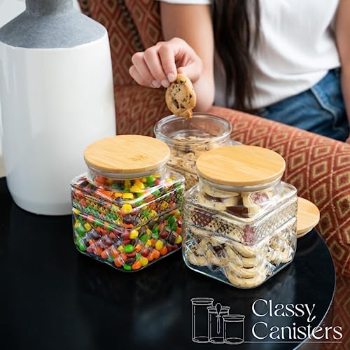 38 Ounce Square Glass Jar with Bamboo Lid - Kitchen Decorative Glass Jars with Vintage Diamond Pattern - Coffee Pasta Sugar Tea Snack Nuts Cookie Jar with Airtight Lids - Set of 3