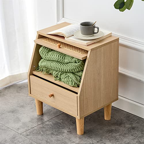 LKTART Rustic Rattan Nightstand 2 Drawer, End Table Side Table Bedside Wooden Storage Living Room Bedroom