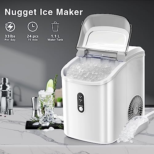 Havato Nugget Ice Maker Countertop, Auto-Cleaning Pebble Ice Maker with Ice Basket & Scoop, 33Lbs in 24H, Chewable Ice Maker Machine for Home Camping Party RV, White