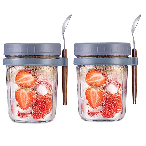 Overnight Oats Containers with Lid and Spoon Set of 2, Overnight Oats Jars 12 oz Large Capacity Airtight Oatmeal Container with Measurement Marks, Reusable On The Go Cups for Cereal Yogurt, Milk, Salads, Fruit (Grey)